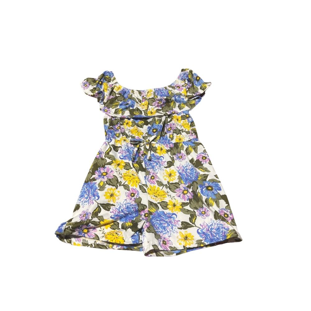 Btween 8 floral blue yellow green shorts romper ruffled shot sleeve soft euc